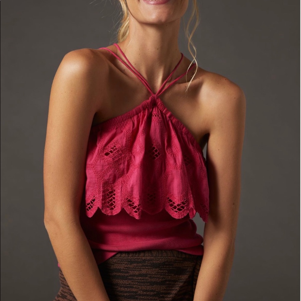 NWT Anthropologie Ruffled Halter Tank in Raspberry Med Pink Large $88